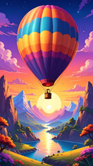 Vibrant hot air balloon drifting through a glowing sunset sky as a beautiful spectacle of flight