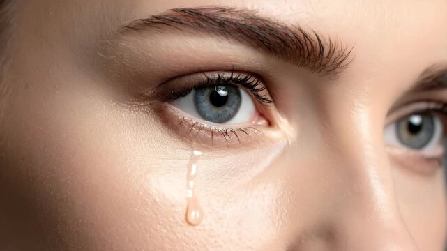 Close-up of a woman's face with a tear rolling down her cheek