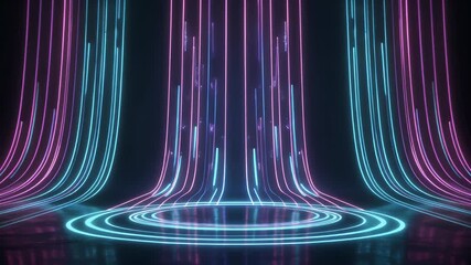 A futuristic scene with neon light beams in blue and magenta arching over a circular stage with a black background - Powered by Adobe