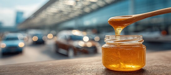Honey drips from wooden spoon into jar, blurred city background with cars