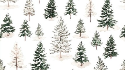 Fototapeta premium Winter forest pattern; many fir trees, snow-covered, on white background