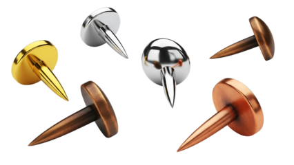 Variety of thumbtacks in different materials and colors set on a transparent background