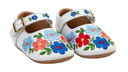 Pair of white leather Mary jane shoes with colorful floral embroidery isolated on transparent background