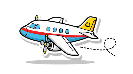 Colorful cartoon airplane with a smiley face and sneakers set on a transparent background 