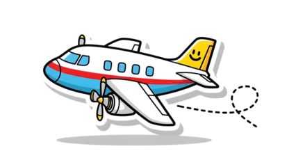 Colorful cartoon airplane with a smiley face and sneakers set on a transparent background 