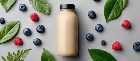 Beige bottle with berries and leaves scattered on a gray surface