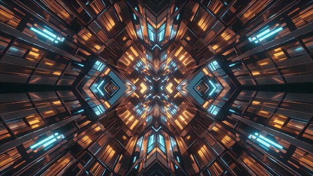 A geometric, symmetrical composition with neon-blue and golden-orange lighting, creating an abstract and futuristic aesthetic. Shapes and angles define the design