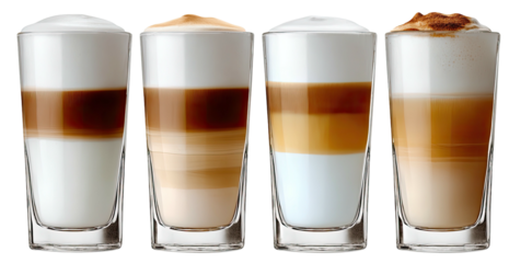 Four glasses of layered coffee drinks with varying combinations of milk, espresso, & foam