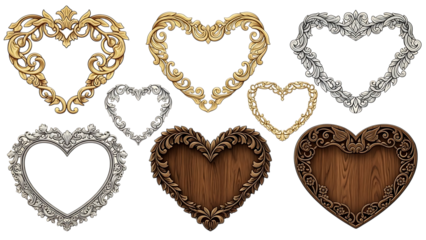 Collection of ornate heart shapes in various metallic colors and designs  on a transparent background