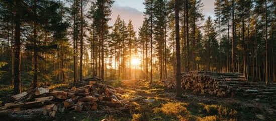 A sunlit forest scene featuring tall trees, piles of logs, and a bright sun near the horizon