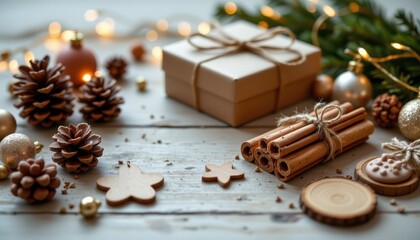 Cozy Holiday Decorations with Gift Boxes, Cinnamon Sticks, Pine Cones, and Ornaments on Wooden Surface