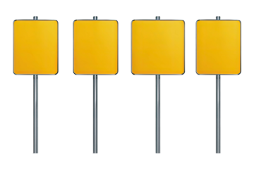 Four blank, golden-yellow road signs on metallic poles stand in front of a stark black backdrop