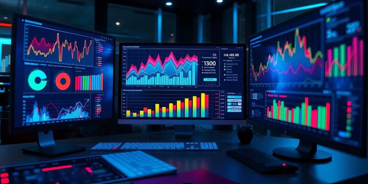 Charts, graphs, and computer screens displaying data analysis leading to new product development, data, pattern