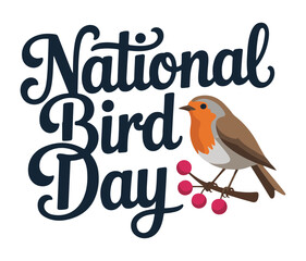 National Bird Day European Robin bird perched on branch with red berries vector illustration isolated on white