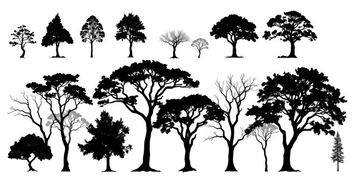 Silhouette of various tree types, simple icons, isolated on white,  forest,  white