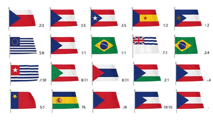 Collection of 16 national flags from various countries around the world set on a transparent background