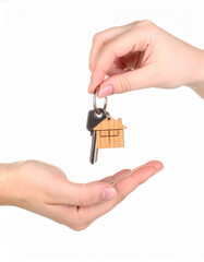 A professional real estate concept featuring a person holding a small house model in their hands to represent property investment, home insurance, and residential mortgage loan opportunities