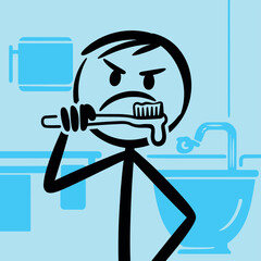 A frustrated stick figure brushes their teeth in a bathroom setting with a sink.