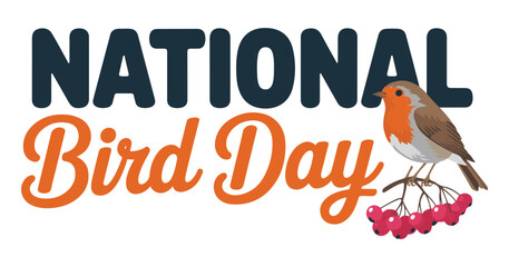 National Bird Day Vector Illustration with European Robin Bird and Red Berries Isolated on White