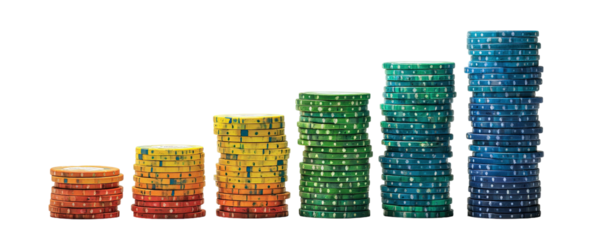 A graphical representation of growth, showing stacks of chips of various colors in ascending order
