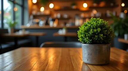 Wooden table surface with a small potted green plant, set against a warm, blurred cafe background with golden bokeh lights.