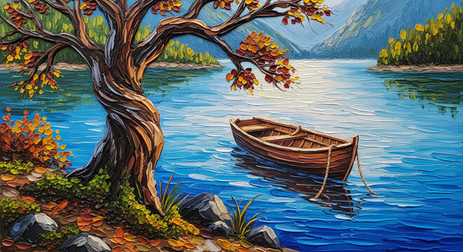 3D Rowboat Beneath Gnarled Tree on Sapphire Lake, Relief Wallpaper, Mural Wallpaper, Wall Decor