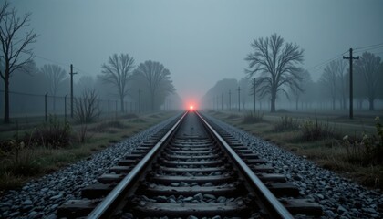 Obraz premium Eerie Railroad Tracks Disappearing into Fog: A Journey into the Unknown with Moody Lighting and a Faint Red Glow