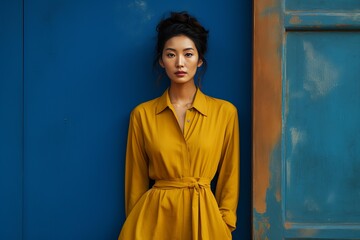 Stylish female model posing in a mustard yellow dress against a vibrant blue wall, showcasing modern fashion trends