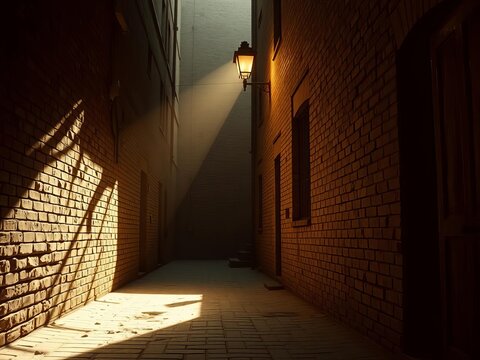 Gritty, sepia-toned alleyway bathed in hazy lamplight, textures of worn brick whispering untold stories,  noir,  alley