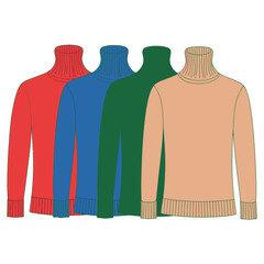 A line of four colorful turtleneck sweaters are displayed against a white background.