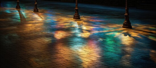 Colorful light reflections on a cobblestone surface, cast by lamp posts at night
