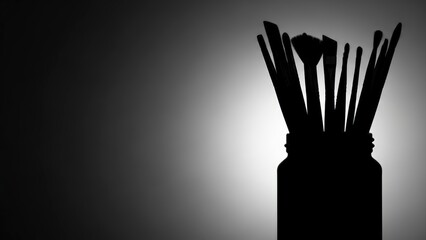 Silhouette of various paintbrushes in a jar against a gradient background, highlighting artistic tools and creativity.
