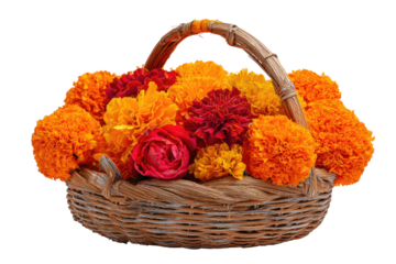 Woven basket overflows with vibrant orange, yellow, and red flowers, on a transparent background
