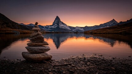 A sunset scene featuring stacked stones in front of a lake reflecting mountains