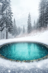 A vivid turquoise pool surrounded by snowy forest represents contrast and resilience, symbolizing hidden life and beauty beneath winter&rsquo;s cold and silence.