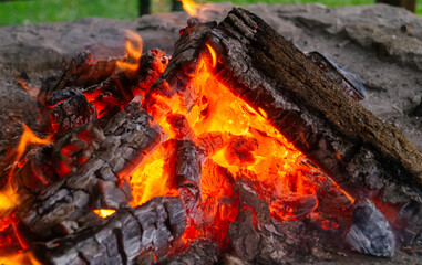 Close-up of glowing wooden coals. Wooden fire pit 