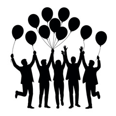 A diverse group of people celebrates together, holding a cluster of balloons aloft in a joyful moment.