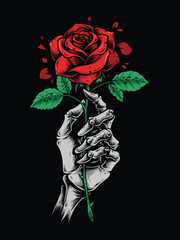 skeleton hand holding red rose illustration
