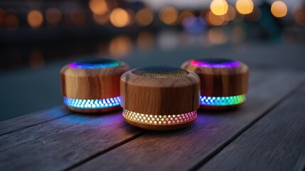 Three wooden speakers emit colorful lights atop weathered dock planks