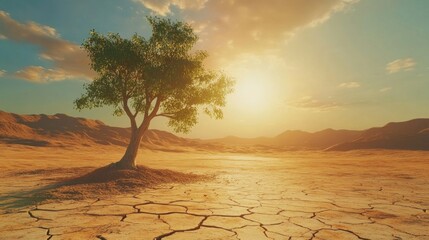 Lone Green Tree in Cracked Desert Land Under Vibrant Sunset Sky Depicting Drought and Climate Change