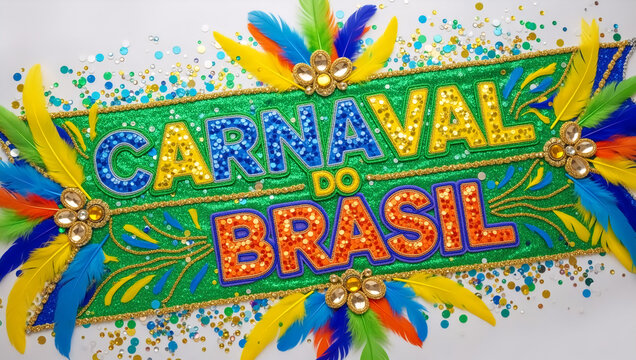 Carnaval do Brasil colorful festive banner with feathers and glitter. Brazilian Carnival decoration with sequins and confetti on white background. Celebration concept