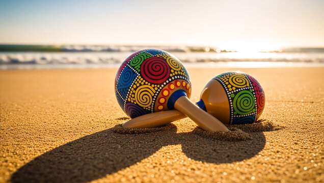Colorful wooden maracas on sandy beach at sunset. Traditional Latin musical percussion instruments with ocean background. Tropical summer vacation or Brazilian carnival concept