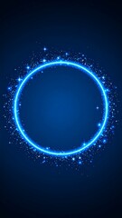 Glowing neon circle on a gradient blue background with sparkling particles