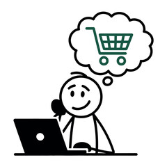 A stick figure is thinking about online shopping while using a laptop and phone.