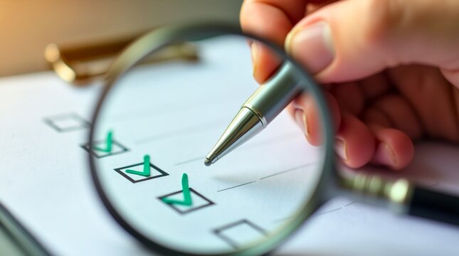 Hand marking checklist with green checkmarks, magnifying glass and check icon verifying document authenticity, corporate regulations and compliance concept