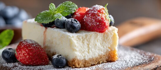 Slice of cheesecake with berries and mint on a wooden board, powdered sugar