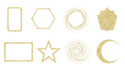 Golden glitter shapes collection featuring rectangles hexagons stars spirals and crescents on transparent background