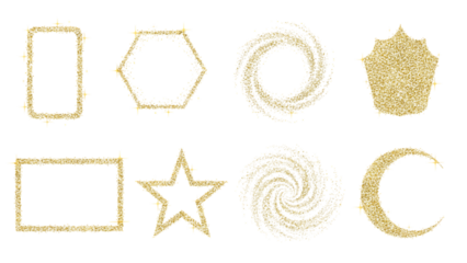 Golden glitter shapes collection featuring rectangles hexagons stars spirals and crescents on transparent background