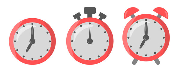 Minimal clock, stopwatch, and alarm clock icons isolated on white background, simple flat style symbols for time, scheduling, productivity, and modern digital interface design.