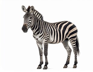 Photo of a zebra isolated on a white background. Iconic black-and-white striped African mammal, ideal for wildlife, nature, and animal photography projects